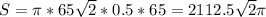 S= \pi *65 \sqrt{2} *0.5*65= 2112.5 \sqrt{2} \pi