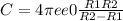 C=4 \pi ee0 \frac{R1R2}{R2-R1}