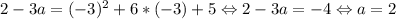 2-3a=(-3)^2+6*(-3)+5 \Leftrightarrow 2-3a=-4 \Leftrightarrow a=2