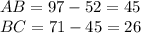 AB=97-52=45\\BC=71-45=26