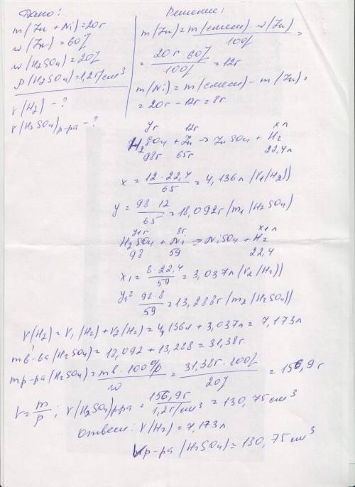 20 г смеси металлов (zn + ni), который содержится 60% zn обработали 20% раствором серной кислоты р=1