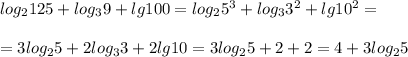 log_2125+log_39+lg100=log_2{5^3}+log_3{3^2}+lg10^2=\\\\=3log_25+2log_33+2lg10=3log_25+2+2=4+3log_25