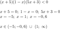 (x+5)(1-x)(5x+3) < 0\\\\x+5=0;\ 1-x=0;\ 5x+3=0\\x=-5;\ x=1;\ x=-0,6\\\\x\in(-5;-0,6)\ \cup\ (1;\ \infty)