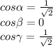 cos \alpha = \frac{1}{ \sqrt{2} } &#10; \\ cos \beta =0 \\ cos\gamma= \frac{1}{ \sqrt{2} }