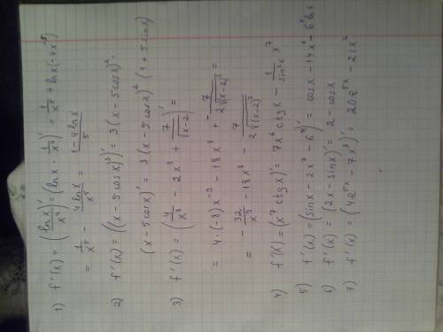 Найдите производную функций: 1) f(x)=ln/x^4 2)f(x)=(x-5cosx)^3 3)f(x)=4/x^8-2x^9+7/sqrtx(это корень)