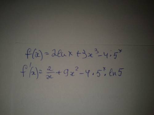 Найдите производную функции: f(x)=2lnx + 3x^3 - 4*5^x