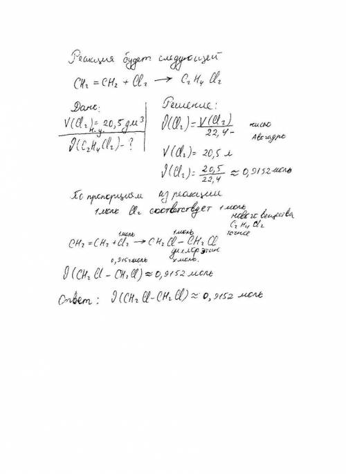 Вычислить количество вещества продукта реакции этена с хлором, если в реакцию вступил хлор объемом 2
