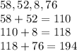 58,52,8,76 \\ 58+52=110 \\ 110+8=118 \\ 118+76=194