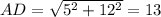 AD= \sqrt{ 5^{2} +12^{2}}=13