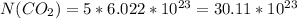 N(CO_2)=5*6.022*10^{23}= 30.11*10^{23}