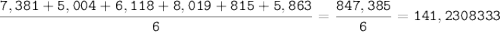 \tt\displaystyle \frac{7,381+5,004+6,118+8,019+815+5,863}{6}=\frac{847,385}{6}=141,2308333