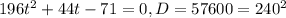 196t^{2}+44t-71=0, D=57600=240^{2}