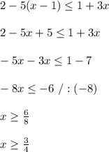 \\2-5(x-1)\leq1+3x&#10;\\&#10;\\2-5x+5\leq1+3x&#10;\\&#10;\\-5x-3x\leq1-7&#10;\\&#10;\\-8x\leq-6 \ /:(-8)&#10;\\&#10;\\x\geq\frac68&#10;\\&#10;\\x\geq\frac34