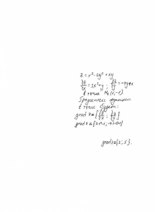 Найти градиент функций z=-2+xy в точке м0 (1; -1)