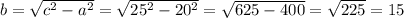 b= \sqrt{c^2-a^2} = \sqrt{25^2-20^2} = \sqrt{625-400} = \sqrt{225} =15