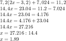 7,2(2x-3,2)+7,024=11,2 \\ 14,4x-23.04=11.2-7.024 \\ 14.4x-23.04=4.176 \\ 14.4x=4.176+23.04 \\ 14.4x=27.216 \\ x=27.216:14.4 \\ x=1.89