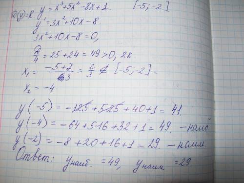 Найдите наибольшее значение функции у=х^3+5х^2-8х+1 на отрезке [-5; -2]. заранее