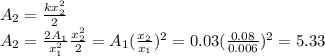 A_2= \frac{kx_2^2}{2} \\ A_2= \frac{2A_1}{x_1^2} \frac{x_2^2}{2}=A_1( \frac{x_2}{x_1} )^2=0.03( \frac{0.08}{0.006} )^2=5.33