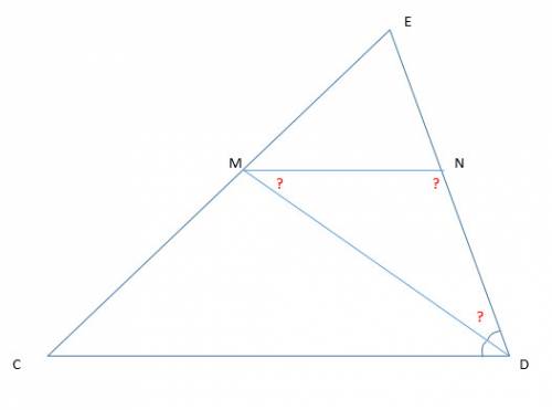 Отрезок dm-биссектриса треугольника cde.через точку м проведена прямая ,параллельная стороне cd и пе
