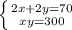 \left \{ {{2x+2y=70} \atop {xy=300}} \right.