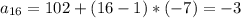 a_{16}=102+(16-1)*(-7)=-3