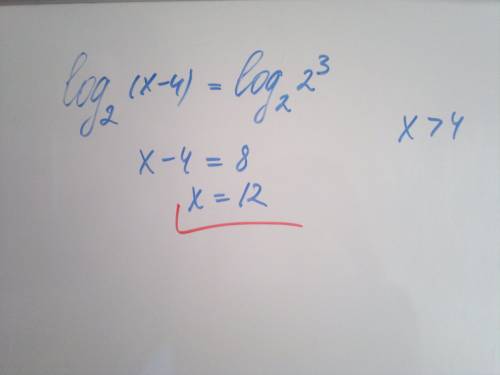 Решите уравнение : log (внизу 2) (х-4)=3 укажите наименьшее целое число, являющееся решением неравен