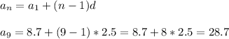 a_n=a_1+(n-1)d \\ \\ a_9=8.7+(9-1)*2.5=8.7+8*2.5=28.7