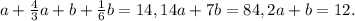 a+ \frac{4}{3} a+b+ \frac{1}{6} b=14, 14a+7b=84, 2a+b=12.