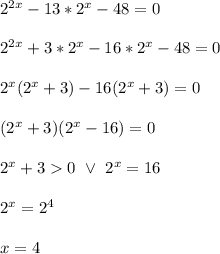 \\2^{2x}-13*2^x-48=0&#10;\\&#10;\\2^{2x}+3*2^x-16*2^x-48=0&#10;\\&#10;\\2^x(2^x+3)-16(2^x+3)=0&#10;\\&#10;\\(2^x+3)(2^x-16)=0&#10;\\&#10;\\2^x+30 \ \vee \ 2^x=16&#10;\\&#10;\\2^x=2^4&#10;\\&#10;\\x=4