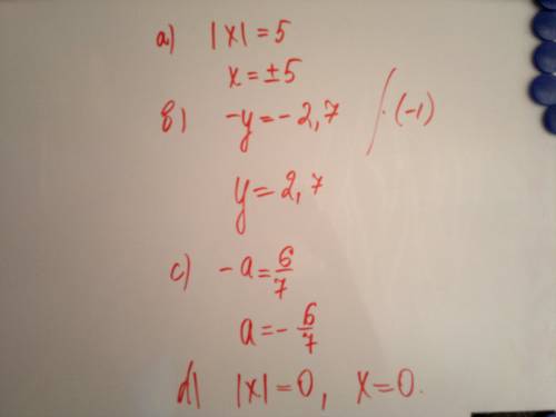 Решите уравнение: a)/x/=5 b)-y=-2,7 c)-a= 6 седьмых d)/x/=0