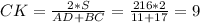 CK= \frac{2*S}{AD+BC} = \frac{216*2}{11+17}=9