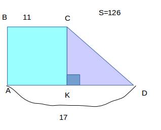 Площа прямокутної трапеції 126 см² а її основи 11 і 17 см. знайти більшу бічну сторону