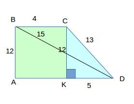 Упрямокутній трапеції більша діагональ дорівнює 15 см а висота 12 см,а менша основа 4 см.знайдіть бі