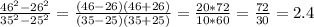 \frac{46^2-26^2}{35^2-25^2}= \frac{(46-26)(46+26)}{(35-25)(35+25)}= \frac{20*72}{10*60}= \frac{72}{30}=2.4