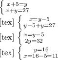 \left \{ {{x+5=y} \atop {x+y=27}} \right. &#10; &#10;[tex]&#10;\left \{ {{x=y-5} \atop {y-5+y=27}} \right. &#10; &#10;[tex]&#10;\left \{ {{x=y-5} \atop {2y=32}} \right. &#10; &#10;[tex]&#10;\left \{ {{y=16} \atop {x=16-5=11}} \right.