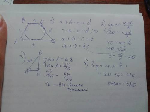 Навколо кола описана рівнобічна трапеція, середня лінія якої дорівнює 20, а синуси кутів при більшій