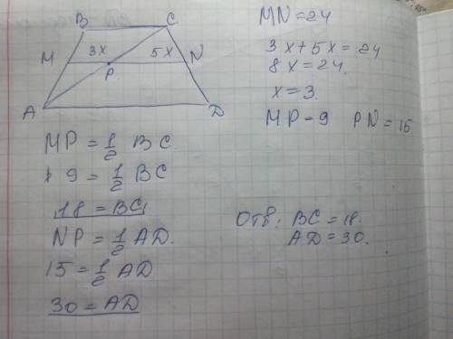 Диагональ трапеции делит её среднюю линию на два отрезка, которые относятся как 3 : 5. найди основан