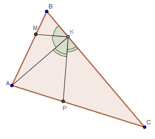 На сторонах ab, bc, ac треугольника abc взяты точки m, k, pсоответственно, так что лучи km и kp явля