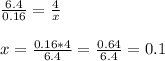 \frac{6.4}{0.16} = \frac{4}{x} \\ \\ x= \frac{0.16*4}{6.4} = \frac{0.64}{6.4} =0.1