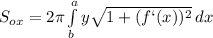 S _{ox} =2 \pi \int\limits^a_b {y \sqrt{1+(f`(x)) ^{2} } } \, dx