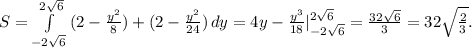 S=\int\limits^{2\sqrt{6} }_{-2\sqrt{6} } {(2-\frac{y^2}{8})+( 2-\frac{y^2}{24}) } \, dy=4y-\frac{y^3}{18}|^{2\sqrt{6} }_{-2\sqrt{6} }=\frac{32\sqrt{6} }{3} =32\sqrt{\frac{2}{3} }.