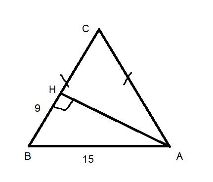 Втреугольнике abc , ac=bc. ab=15 ah — высота, bh=9 . найдите cosa