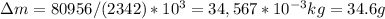 \Delta m=80956/(2342)*10 ^{3}=34,567*10 ^{-3} kg=34.6g