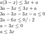 a(3-x) \leq 3x+a \\ 3a-3x \leq 3x+a \\ 3a-3x-3x-a \leq 0 \\ 2a-6x \leq 0/:2 \\ a-3x \leq 0 \\ a \leq 3x