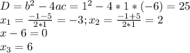 D=b^2-4ac=1^2-4*1*(-6)=25 \\ x_1= \frac{-1-5}{2*1} =-3;x_2= \frac{-1+5}{2*1} =2 \\ x-6=0 \\ x_3=6