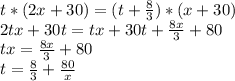 t*(2x+30)=(t+\frac{8}{3})*(x+30)\\2tx+30t=tx+30t+\frac{8x}{3}+80\\tx=\frac{8x}{3}+80\\t=\frac{8}{3}+\frac{80}{x}