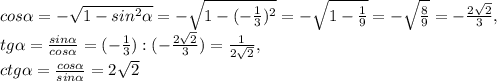 cos \alpha =- \sqrt{1-sin ^{2} \alpha } =- \sqrt{1-(- \frac{1}{3}) ^{2} } =- \sqrt{1- \frac{1}{9} }=- \sqrt{ \frac{8}{9} }=- \frac{2 \sqrt{2} }{3}, \\ tg \alpha = \frac{sin \alpha }{cos \alpha }=(- \frac{1}{3}): (- \frac{2 \sqrt{2} }{3}) = \frac{1}{2 \sqrt{2} }, \\ ctg \alpha = \frac{cos \alpha }{sin \alpha } =2 \sqrt{2}