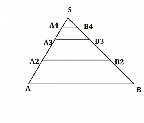 Три прямые, параллельные основе треугольника, делят его на 4 равновеликие фигуры. сторона пересекаем
