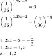 \left(\dfrac{1}{36}\right)^{1,25x-2} =6\\\\ \left(\dfrac{1}{36}\right)^{1,25x-2} =\left(\dfrac{1}{36}\right)^{- \frac{1}{2} }\\\\\\1,25x-2=- \dfrac{1}{2} \\1,25x=1,5\\x=1,2