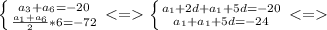 \left \{ {{a_3+a_6=-20} \atop {\frac{a_1+a_6}{2}*6=-72}} \right. <= \left \{ {{a_1+2d+a_1+5d=-20} \atop {a_1+a_1+5d=-24}} \right. <=